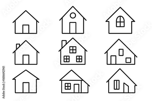 Various simple house outlines designed for creative projects, different styles and shapes of cartoon vector homes, minimalist architecture icons, transparent background vector illustration
