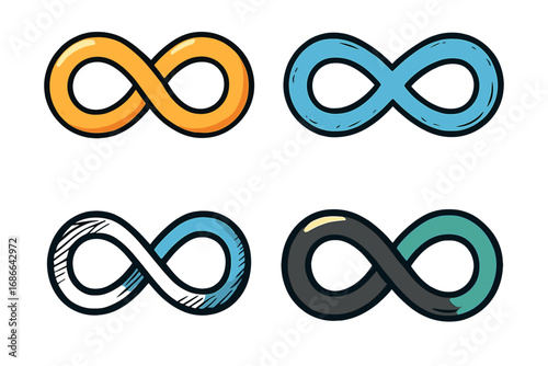 Set of colorful infinity symbols. Vector cartoon illustrations of endless loop signs. Creative design elements for logos, art, and graphic concepts of eternity and connection.