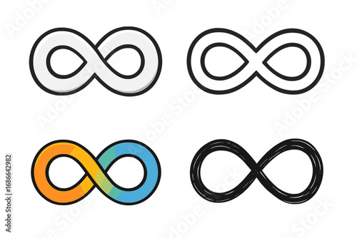 Set of infinity symbols. Vector collection of eternal loop icons in different styles. Gradient, outline, sketch and 3d variations. Limitless, forever concept for logo design.