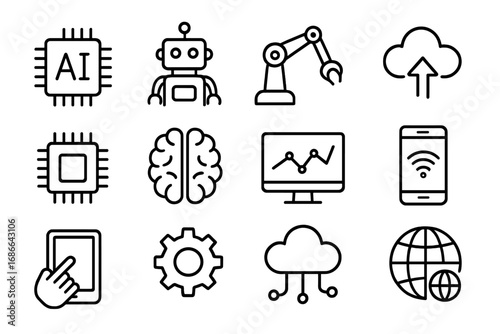 Technology Outline Icon Set with AI, Robotics, Cloud Computing, Data Analytics, and Connectivity Symbols in Vector Cartoon Style with Transparent Background, Ordered Collection
