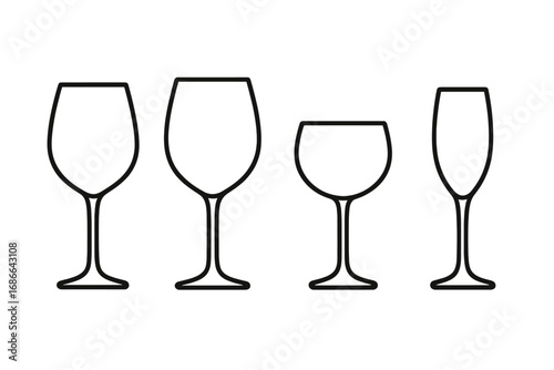 Stylish wine and champagne glasses line icon set, elegant glassware collection, vector cartoon illustration with transparent background, ordered glassware set, beverage icons