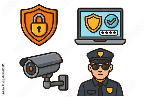 Security vector icon set. Cybersecurity, online data protection, password safety. Physical surveillance, CCTV camera, police officer. Guard, shield, lock. Cartoon illustration.