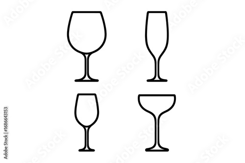 Stylish elegant wine and champagne glasses line icon set, minimalist glassware collection vector illustration, transparent background, modern drinkware design