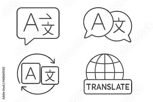 Set of Language Translation Icons, Chat Bubbles, Global Translate Symbols, Translation Service Vector Line Art, Communication, Multilingual, International Language Concept Illustration