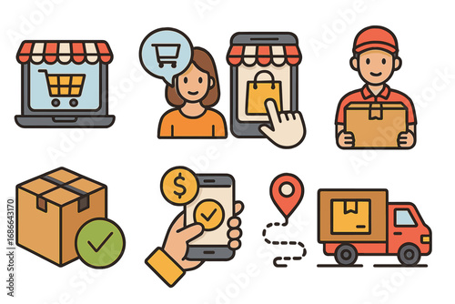 E-commerce online shopping and delivery service icon set. Process of buying, paying, and shipping. Mobile transaction, courier, and package tracking vector cartoon illustration.