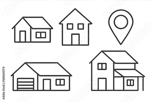 House icon set with location pin. Real estate property symbol collection. Home, building, and address line art. Simple outline for web, app, and mortgage concepts. Find home.