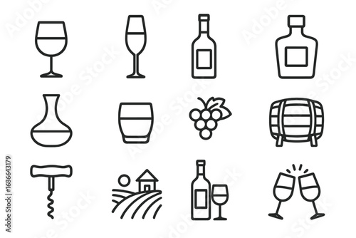 Wine and Spirits Line Icon Set with Glasses, Bottles, Vineyard Symbols, Corkscrew, Barrel, and Toasting Glasses – Vector Cartoon Illustration with Transparent Background, Ordered Collection