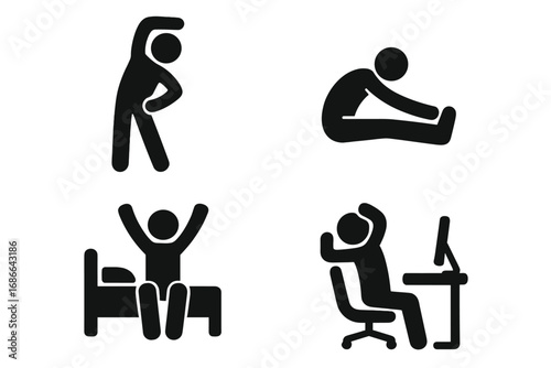 Solid filled stretching icon grid, stretching routine vector set with warm-up stretch, cool-down stretch illustration, morning stretch, office stretch, fitness cartoon symbols
