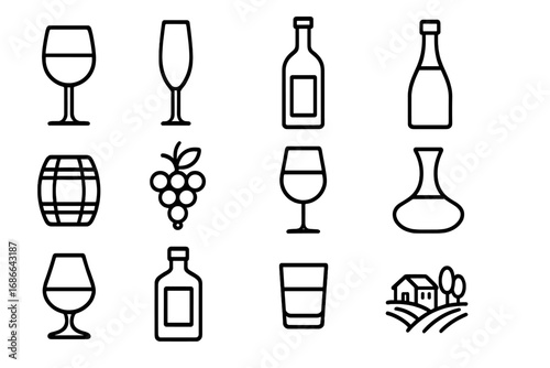 Wine and Spirits Line Icon Set, Elegant Glasses, Bottles, Vineyard Symbols Collection, Vector Cartoon Illustration with Transparent Background, Organized Set