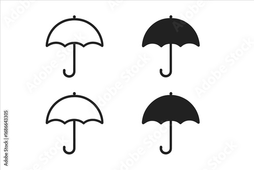 Umbrella icon set with outline, solid, and filled styles, vector parasol symbols, weather signs collection, versatile vector icons, cartoon illustration, transparent background