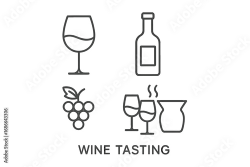 Wine tasting outline icon set, minimalist elegant beverage collection, vector cartoon illustration, transparent background, grapes, glasses, wine bottle, pouring jug, ordered icons
