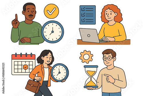 Time management techniques vector set. Diverse people planning schedules, organizing work, meeting deadlines. Business productivity, efficiency, workflow concept icons collection.
