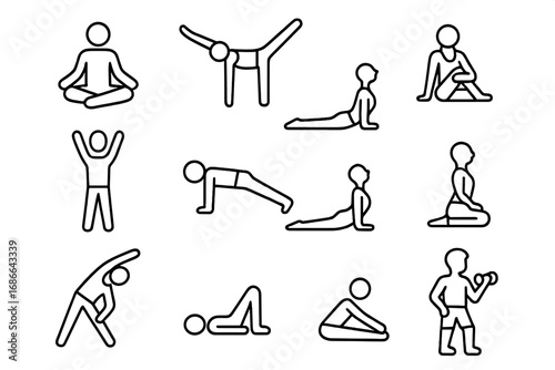 Yoga and Exercise Outline Icon Set, Stretching and Fitness Line Icons Collection, Wellness and Workout Cartoon Vector Illustration with Transparent Background, Ordered Set