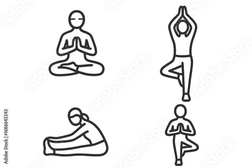 Yoga Pose Outline Icon Set, Meditation and Fitness Line Art, Relaxation and Wellness Vector Cartoon Illustration, Transparent Background, Ordered Set 2, Mindfulness and Balance