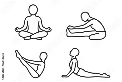 Yoga pose outline icon set, meditation, fitness, relaxation, mindfulness, wellness, calmness in line art style, vector cartoon illustration, transparent background, ordered set 3