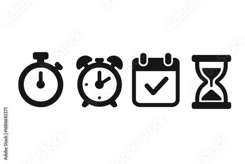 Time management icons set with stopwatch, alarm clock, calendar reminder, hourglass, solid filled vector illustrations, productivity tools, business and organization symbols