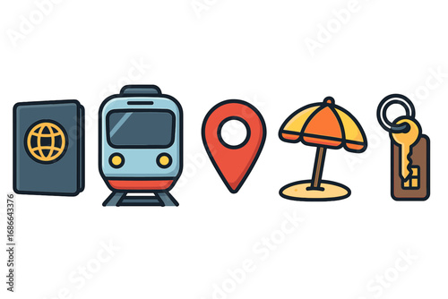 Travel essentials icon set for vacation planning. Vector illustration of a passport, train, location pin, beach umbrella, and hotel key. Tourism, journey, and holiday concept.