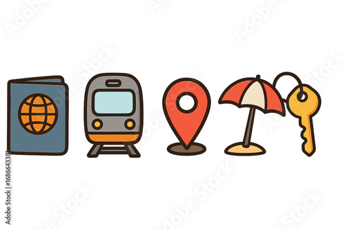 Vector travel icon collection. Vacation and journey essentials concept. Passport, train transport, map location pin, beach sun umbrella, and hotel room key. Flat cartoon illustration.