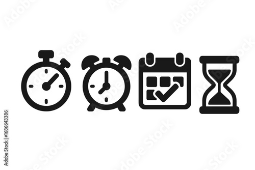 Time management icons set, solid filled vector illustration with stopwatch, alarm clock, calendar reminder, hourglass, productivity, scheduling, deadlines, planning concept