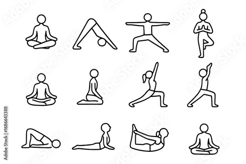 Yoga Poses Outline Icon Set, Asana Exercise Fitness Line Illustration Collection, Vector Cartoon Transparent Background, Ordered Set 3, Health Wellness, Meditation, Stretching