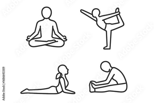 Yoga pose outline icon set, meditation and fitness silhouettes, relaxation and stretching vector cartoon illustrations, line art style, transparent background, ordered set of 4