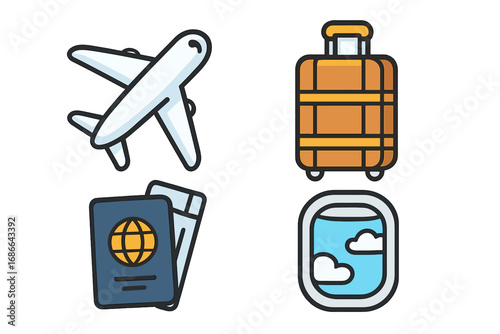 Travel and vacation icon set with airplane, luggage, passport, and ticket. Flight essentials for a journey. Airline transportation and tourism concept vector illustration.