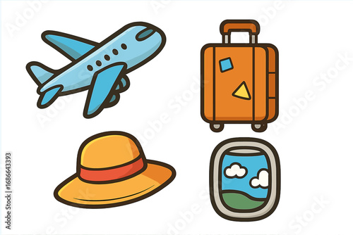 Travel icon set with airplane, luggage, sun hat, and plane window view. Summer vacation essentials cartoon vector illustration collection. Flight, journey, tourism concepts.