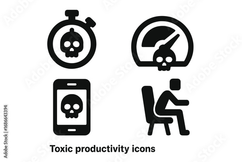 Toxic Productivity Icons Vector Set, Solid Filled Icons of Harmful Productivity Tools including Time Tracker, Performance Meter, Focus App, and Rigid Workspace Cartoon Illustration