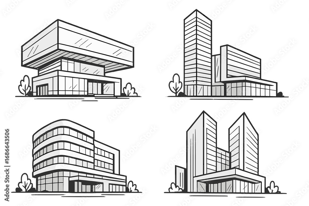 Obraz premium Collection of modern architectural sketches. Vector line art icons of corporate office buildings. Business center, skyscraper, and real estate property exterior illustrations set.