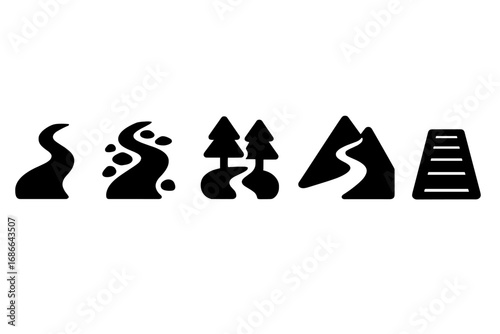 Trail type icons solid filled vector set of dirt path, rocky trail, forest trail, mountain pass, wooden boardwalk, nature hike route symbols, outdoors exploration