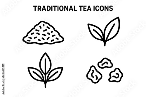Traditional Tea Leaf Icons Vector Set with Loose Leaf Tea Pile, Green Tea Leaf, Black Tea Leaf, Oolong Tea Illustration, Outline Style Herbal Drink Symbols