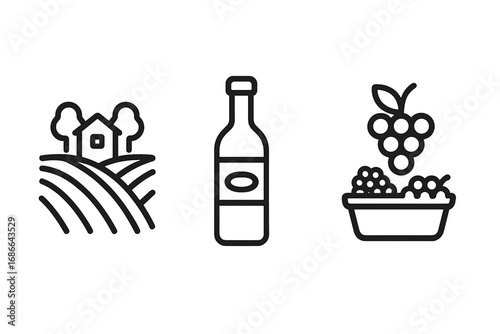 Wine production outline icon set featuring vineyard landscape, wine bottle, and grape harvest linear icons, vector cartoon illustration with transparent background, ordered design trio
