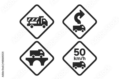Truck Road Icons Grid, Solid Filled Vector Set of Traffic Signs for Trucks, Construction Zone, Road Curve, Bridge, and Speed Limit Symbols in Cartoon Illustration Style