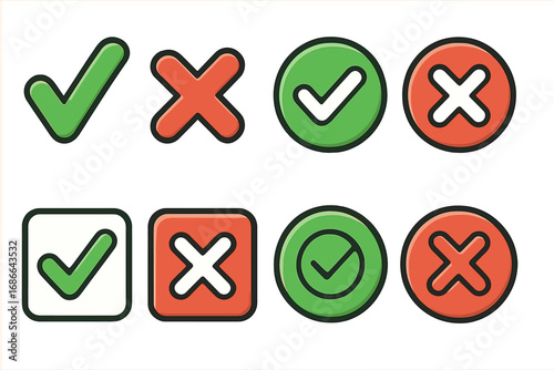 Big collection of check and cross symbols. Green checkmark for yes, correct, true, approved, passed. Red X mark for no, wrong, false, rejected, failed. Cartoon vector icon.