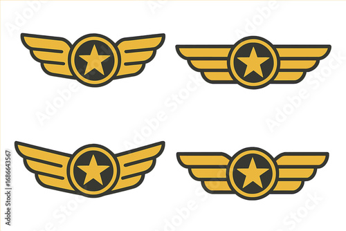 Military Wings with Star Icon, Army Badge Symbol, Aviation Emblem Collection, Vector Cartoon Illustration, Transparent Background Stock Graphic for Defense and Aviation Design