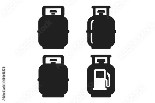 Gas tank icon set. Propane cylinder and fuel canister silhouette collection. LPG gas bottle symbol for energy, industry, and fuel station. Vector pictogram illustration.
