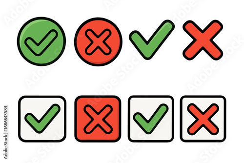 Check and cross mark icon set. Green tick and red x symbols for correct and incorrect choices. Yes or no vote buttons for user interface. Right and wrong vector signs.