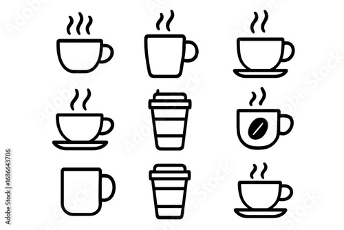 Coffee cup icon set. Hot drink and beverage line art symbols. Simple outline vector graphic of mug, espresso, cappuccino, and takeaway cup for cafe logo or menu design.