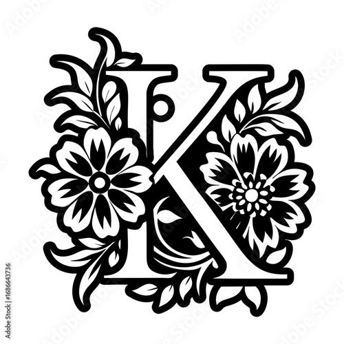 Ornamental letter k logo in filled style