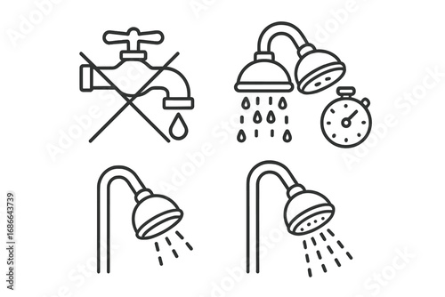 Water Conservation Icons Set, Outline Vector with Faucet Turned Off, Shower Timer, Low-Flow Showerheads, Eco-Friendly Water Saving Symbols, Sustainable Living Concept