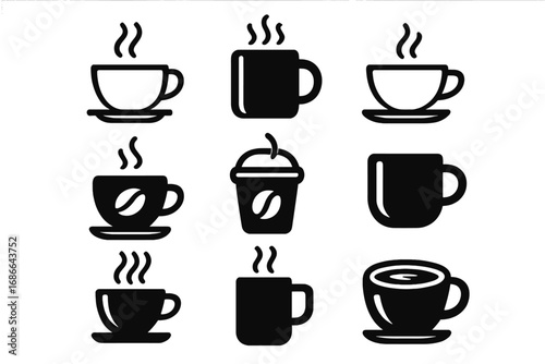 Various Coffee Cup Icons in Black and White Vector Designs, Modern Minimalist Coffee Mug Symbols, Hot Beverage Illustrations, Digital Use and Branding Elements, Coffee Shop and Cafe Concept