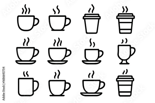 Coffee cup line icon set. Collection of hot drink & beverage symbols. Vector illustration of mug, espresso, latte and takeaway paper cup for cafe menu and logo design element.