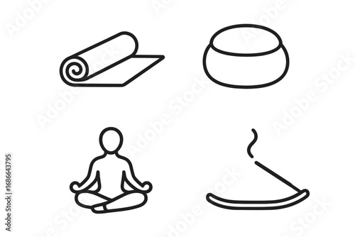 Yoga retreat icons outline set with yoga mat, meditation cushion, lotus pose silhouette, incense stick, mindfulness symbols, wellness, relaxation, spiritual vector cartoon illustration