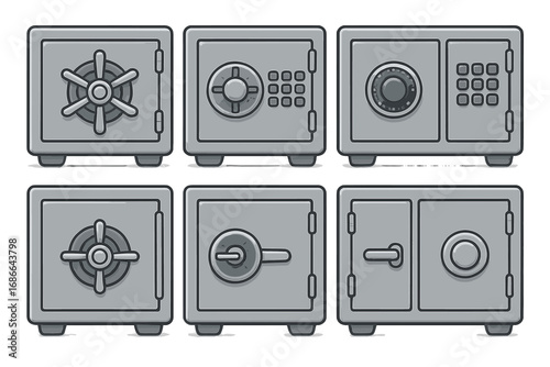 Various Designs of Safes Displayed in a Grid Layout Highlighting Different Styles and Locking Mechanisms, Vector Cartoon Illustration with Transparent Background, Security and Protection Concepts