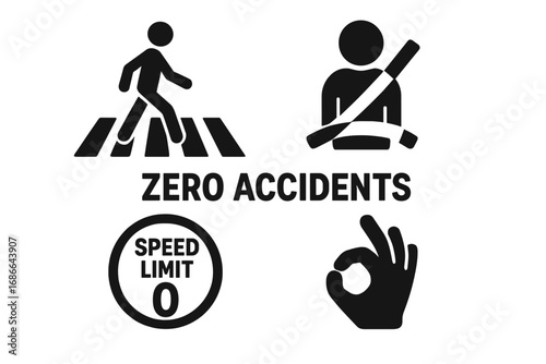 Zero Accidents Safety Icons Set, Pedestrian Crosswalk, Seatbelt, Speed Limit Zero, Hand Gesture, Transport Safety Vector Illustration, Traffic Safety Signs