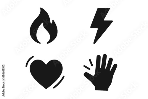Pain icon set, solid filled vector symbols of pain symptoms and sensations including burning flame, electric bolt, throbbing heart, numbness, ache, discomfort, injury illustration