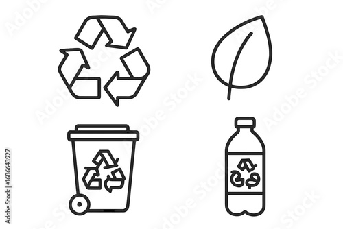 Recycling symbol icon set, eco-friendly waste management outline icons, vector cartoon illustration, transparent background, reusable, green environment, sustainability concepts