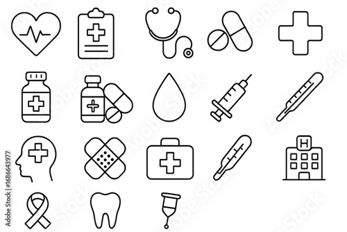 Medical line icon set. Health and healthcare symbols collection. Vector outline icons for hospital, clinic, pharmacy, medicine, first aid, emergency, and dental care.