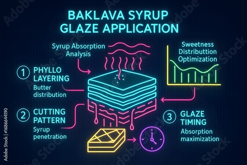 Layered baklava dessert with honey glaze infographic for food blogs and culinary marketing