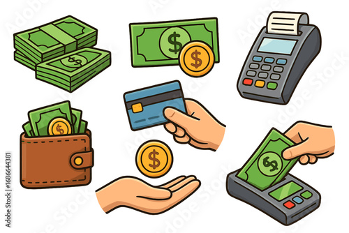 Various representations of currency, payments, financial transactions, cash, credit card, digital payments, wallet, coins, banking, and commerce vector cartoon illustration set